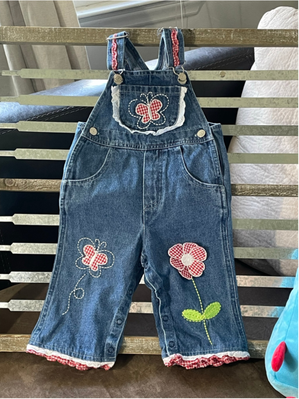 Y2K Kids Patchwork Denim Bib Overalls Girls 12 Months Gingham Ruffle Hem